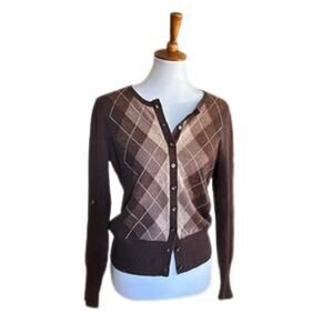 Brown Argyle Pure Cashmere Cardigan Medium